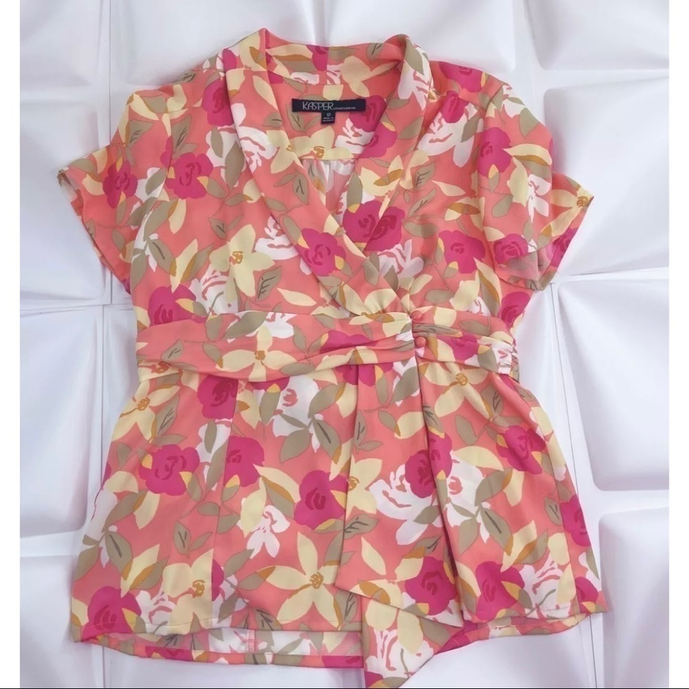Kasper Womens Sz 12 Floral Print Faux Wrap Double Breasted Blouse Top l Spring